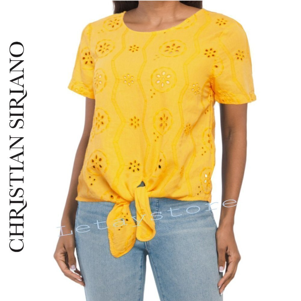 NWT Christian Siriano Linen / Cotton Tie-Front Eyelet Shirt Top
